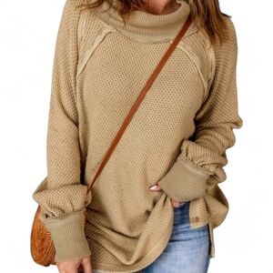 Free People We The Free She’s A Keeper Waffle Knit Thermal Tunic  Tan L